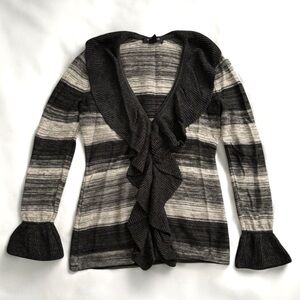 Black & Grey Ruffle Lapel Striped Knit Wool/Cotton Cardigan with Bell Sleeves